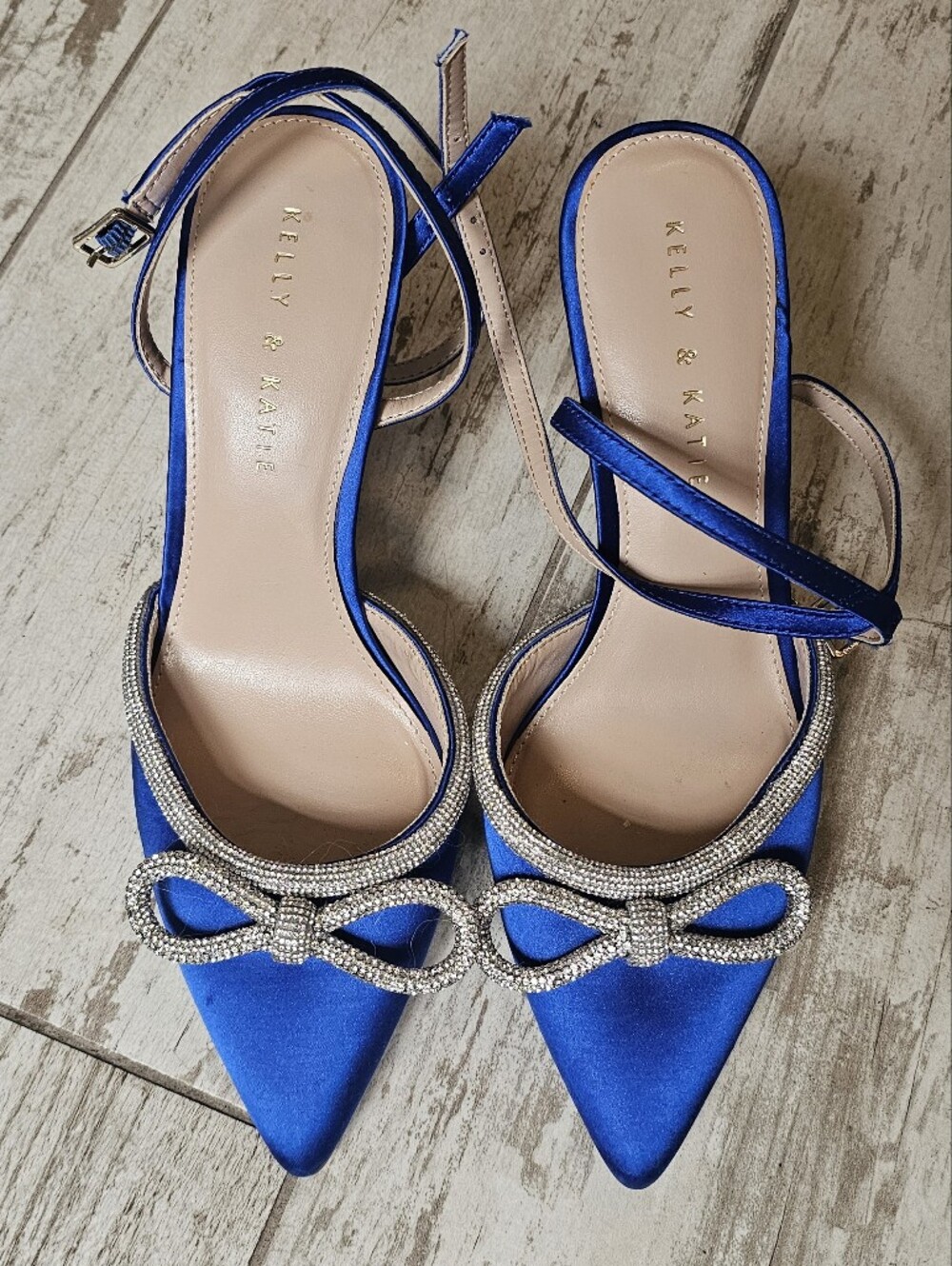 Kelly & Katie Royal Blue Satin Pointed Toe Ankle-Strap Heels Rhinestone Bow 9M